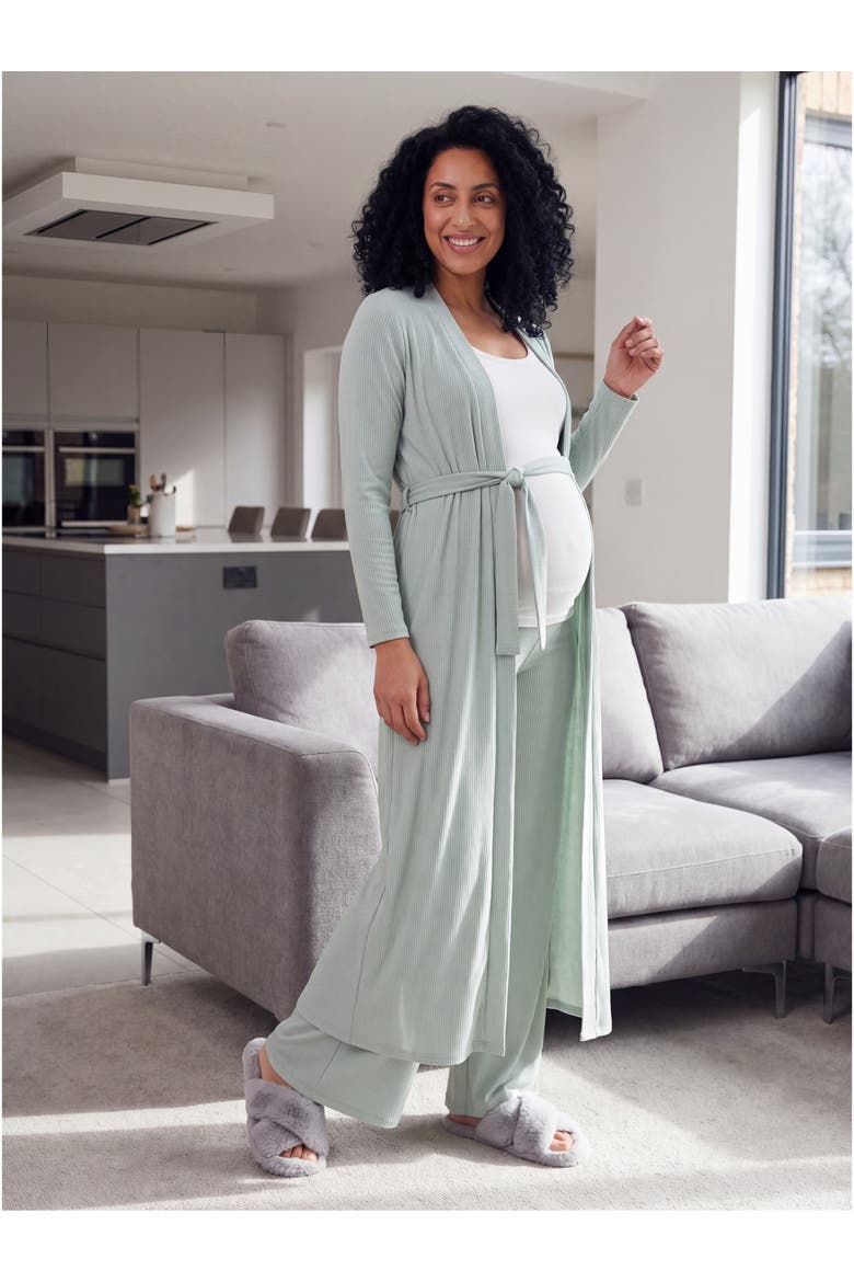 Maternity Basic Long Sleeve Tie Waist Soft Jacket and Elastic Waist Wide Leg Pant Set, Alternate, color, Blush