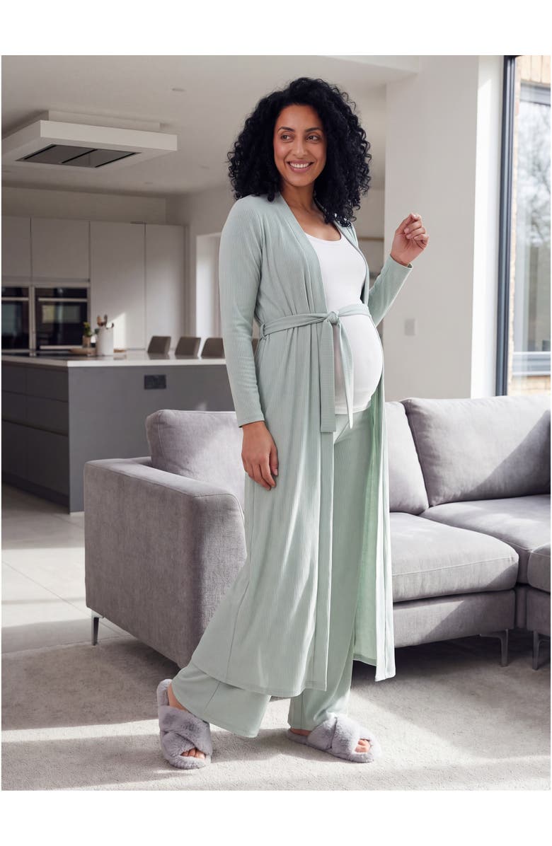 24seven Comfort Apparel Maternity Basic Long Sleeve Tie Waist Soft Jacket and Elastic Waist Wide Leg Pant Set, Alternate, color, Black