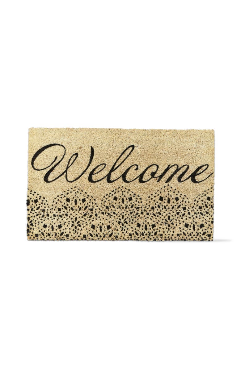tag Welcome Sentiment Fan Print Coir Mat Indoor Outdoor Beige, Main, color, Black