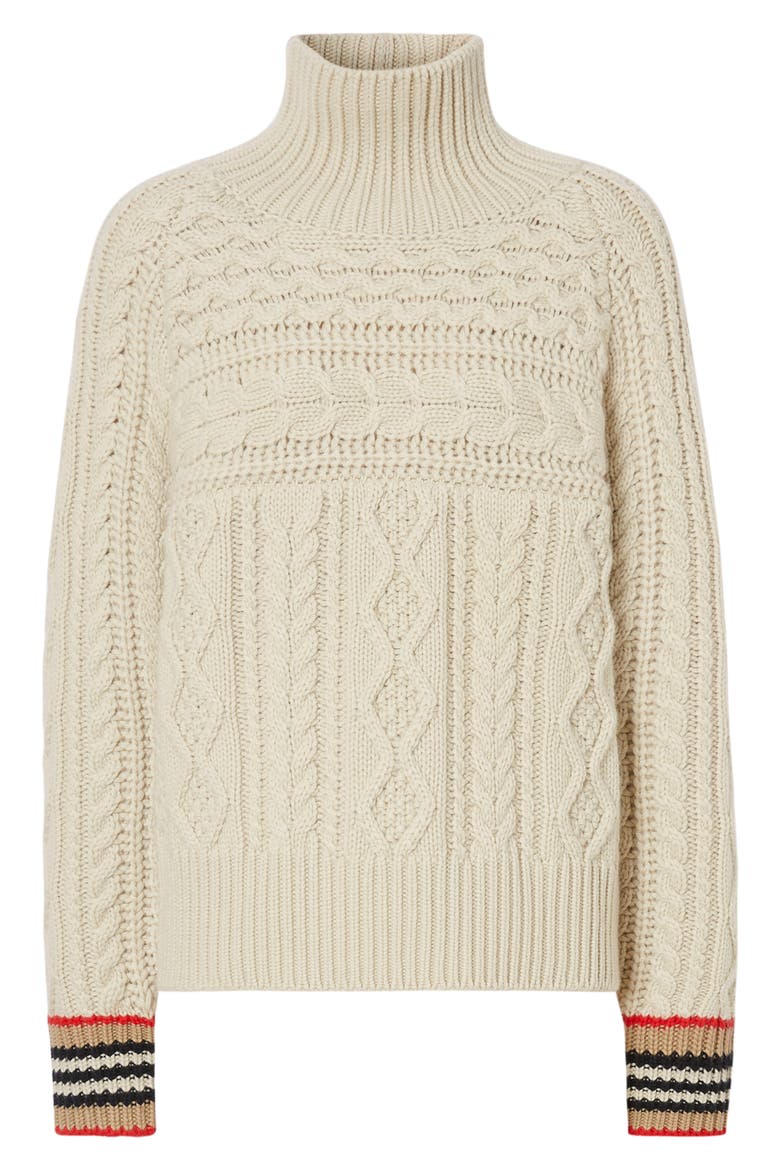 Oamaru Icon Stripe Cuff Cable Cashmere Sweater, Alternate, color, IVORY