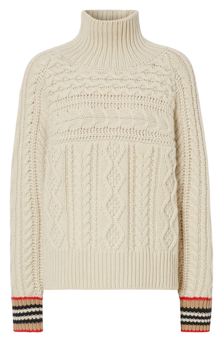 Burberry Oamaru Icon Stripe Cuff Cable Cashmere Sweater, Alternate, color, 