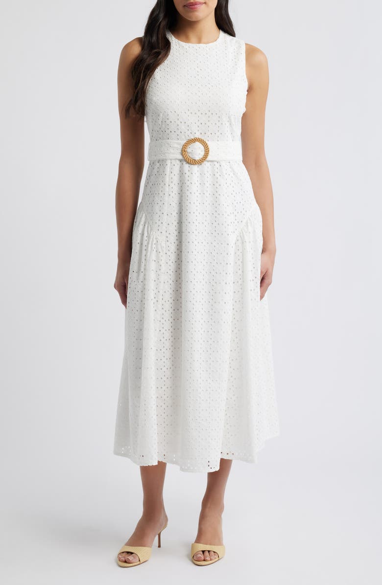 Eliza J Eyelet Belted Sleeveless Maxi Dress, Main, color, Ivory