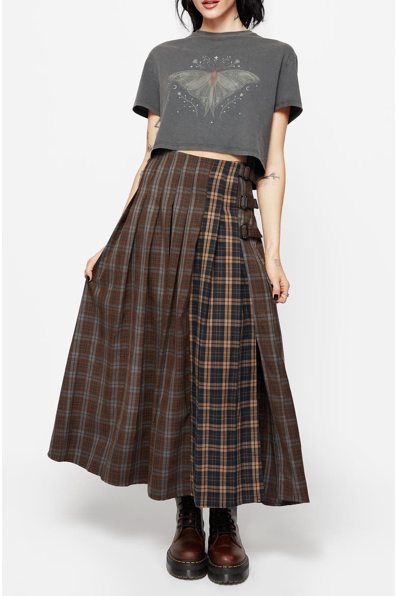 Raven Pleated Check Buckle Maxi Skirt, Main, color, Brown