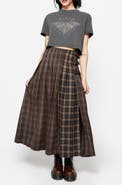 Disturbia Raven Pleated Check Buckle Maxi Skirt