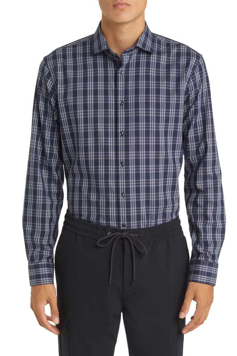 Tech-Smart Trim Fit Non-Iron Plaid Stretch Dress Shirt, Main, color, NAVY- BLUE GRAND PLAID
