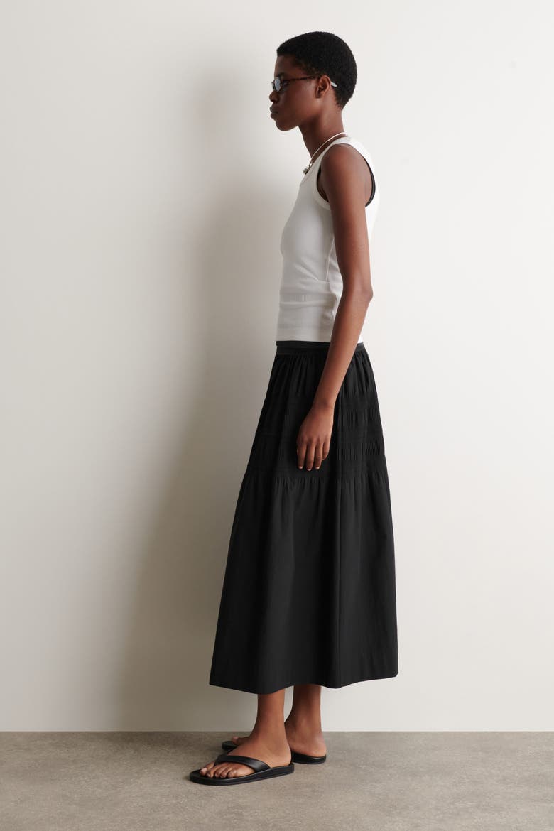 Tiered Gathered Midi Skirt, Alternate, color, BLACK