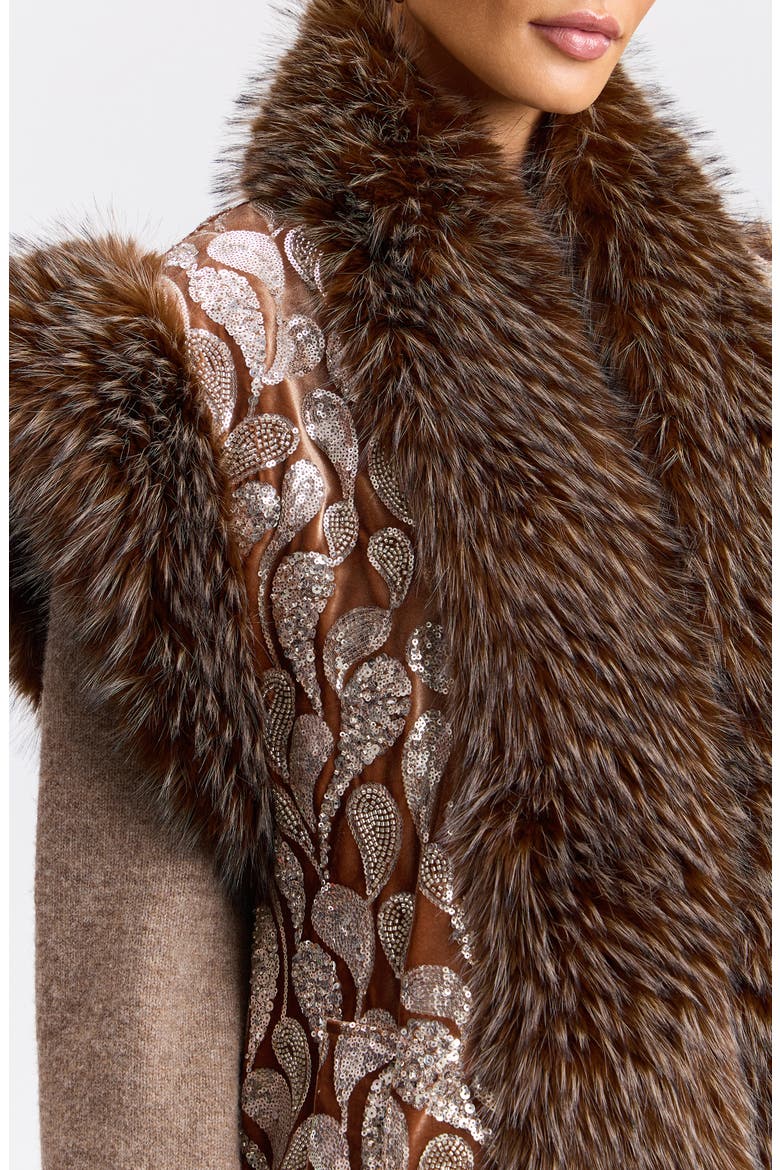Faux Fur Trim Sequin Embellished Velvet Maxi Vest, Alternate, color, BROWN/ MAUVE