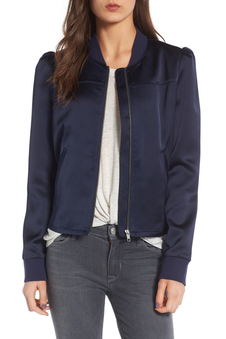 Shrunken Satin Bomber Jacket, Main, color, NAVY NIGHT