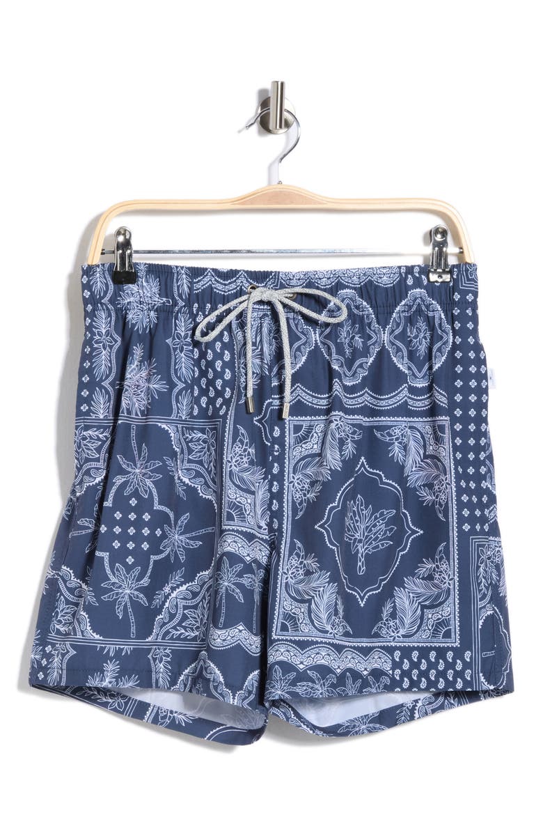 Palm Bandana Print 4 Way Stretch Volley Swim Trunks, Alternate, color, NAVY