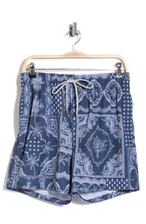 Palm Bandana Print 4 Way Stretch Volley Swim Trunks