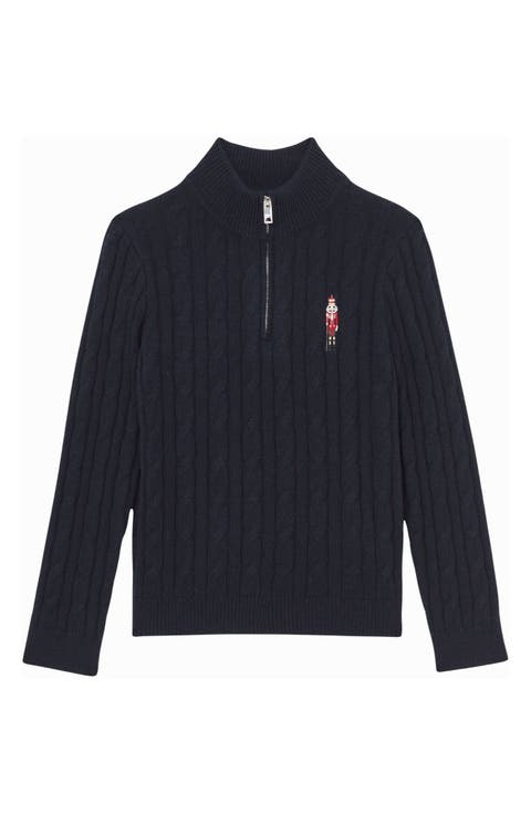 Kids' Nollaig Embroidered Nutcracker Cabled Quarter Zip Sweater (Big Kid)