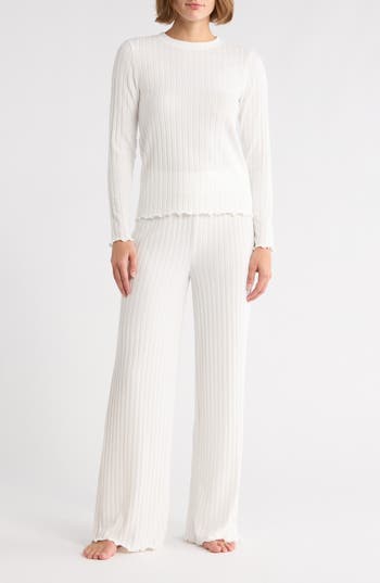 Yogalicious Brushed Ribbed Long Sleeve Top & Pants Pajamas In White