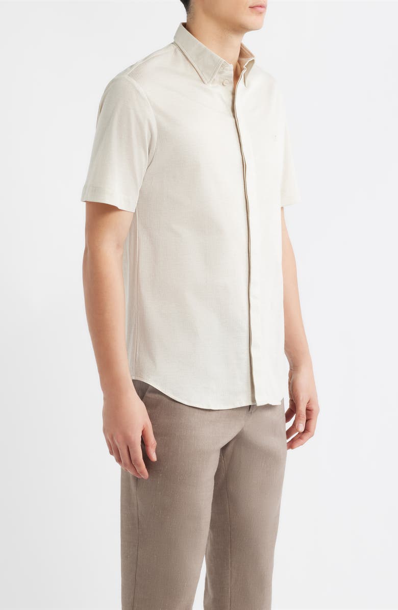 Emporio Armani Textured Stripe Short Sleeve Knit Cotton Button-Up Shirt, Alternate, color, Tan