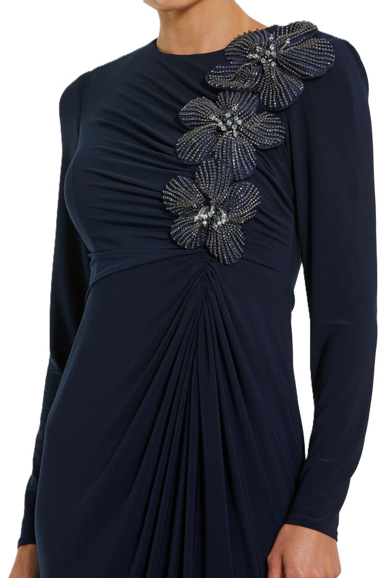 Jersey Long Sleeve Fitted Gown With 3D Flowers, Alternate, color, Midnight