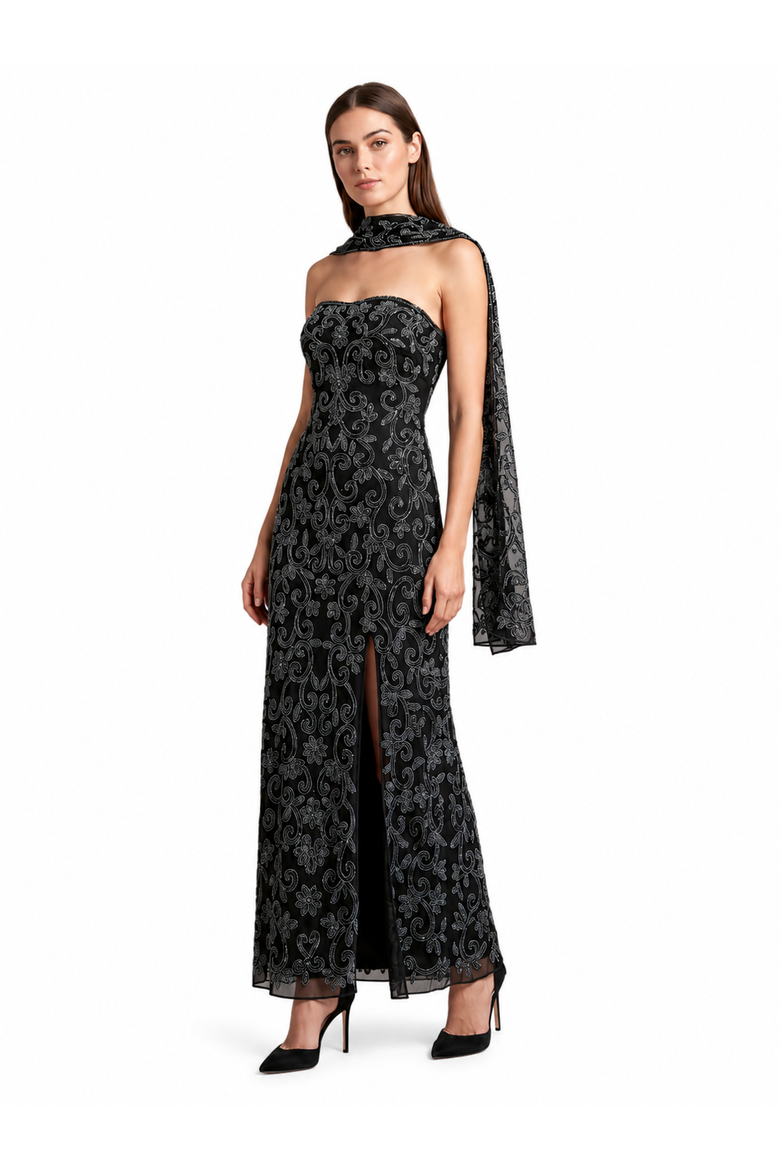 Strapless Beaded Gown with Scarf, Main, color, Black