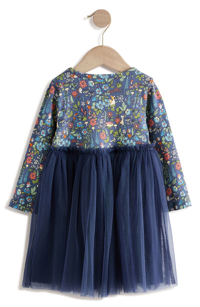 NEXT Kids' Floral Mixed Media Long Sleeve Tulle Dress, Alternate, color, Blue