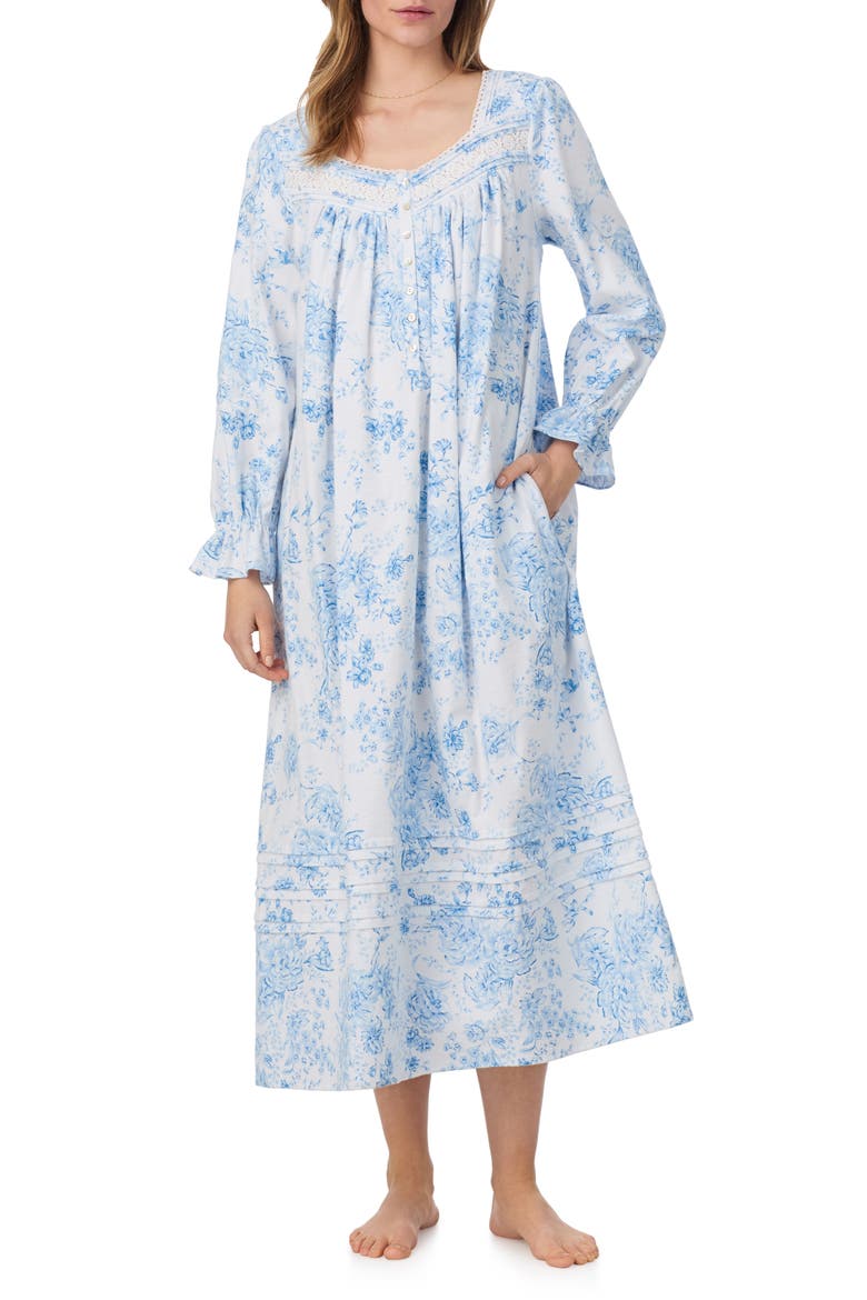 Long Sleeve Cotton Flannel Ballet Nightgown, Alternate, color, WHITE/ BLUE FLOWER