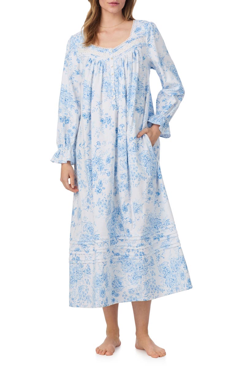 Eileen West Long Sleeve Cotton Flannel Ballet Nightgown, Alternate, color, White/ Blue Flower