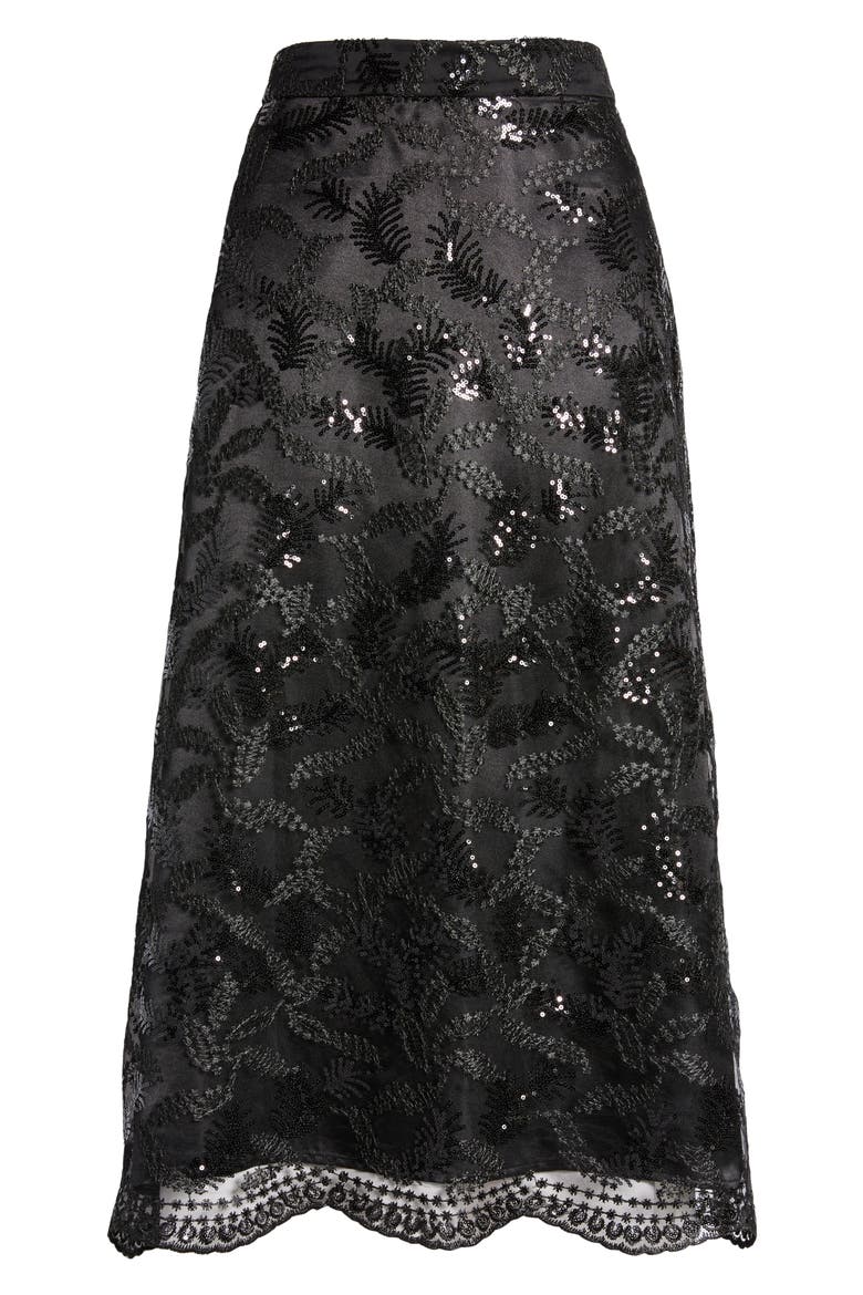 Leaf Sequin A-Line Midi Skirt, Alternate, color, ANNE BLACK