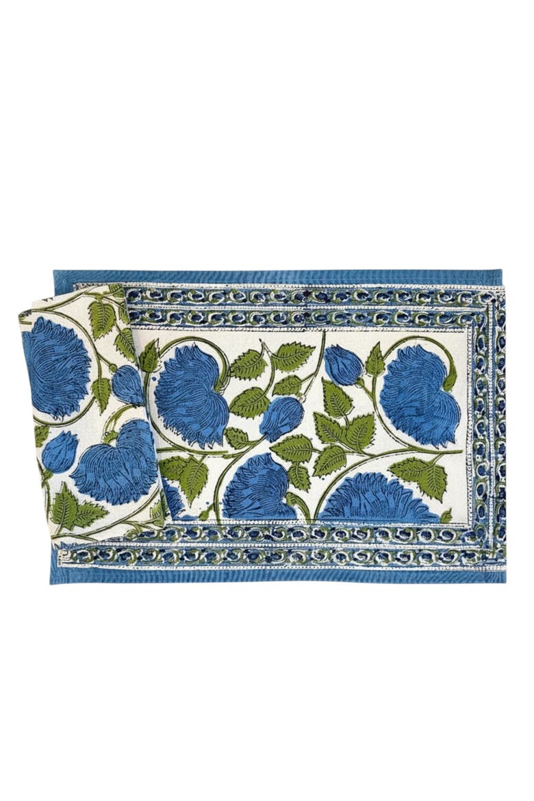 Hand Block Print Placemat & Napkin, Main, color, Blue/Green
