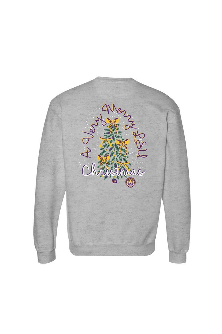 Women's  Heather Gray LSU Tigers Classic Merry Christmas Tree Crewneck Sweatshirt, Alternate, color, Heather Gray