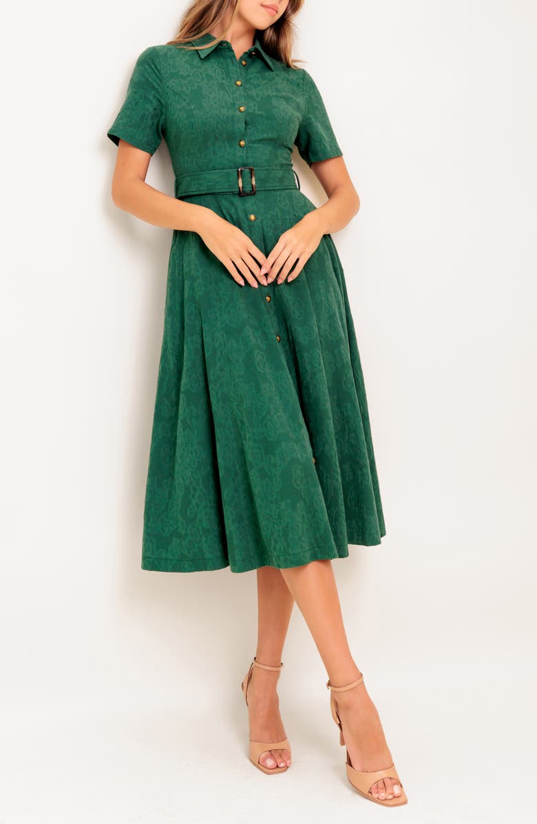 Floral Jacquard Short Sleeve Cotton Midi Shirtdress