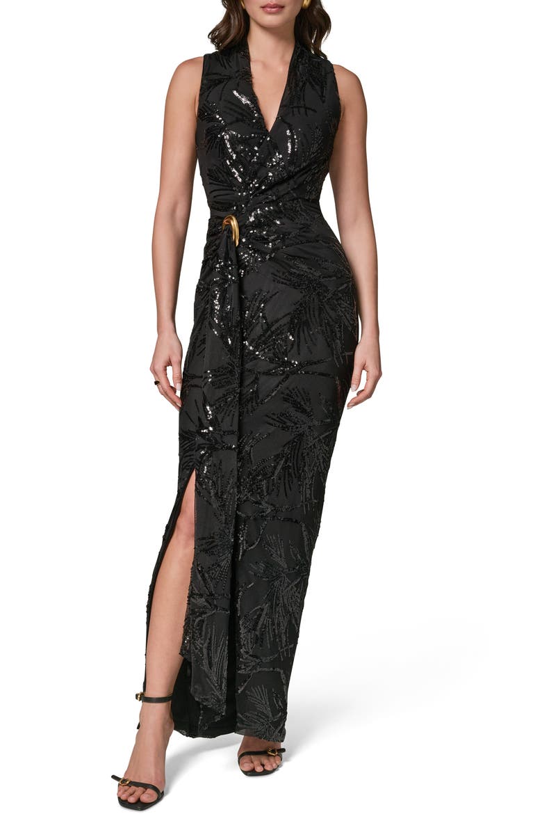 Sequin Floral Faux Wrap Gown, Main, color, BLK/ BLACK