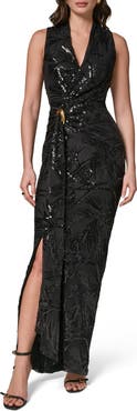 Donna Karan New York Sequin Floral Faux Wrap Gown