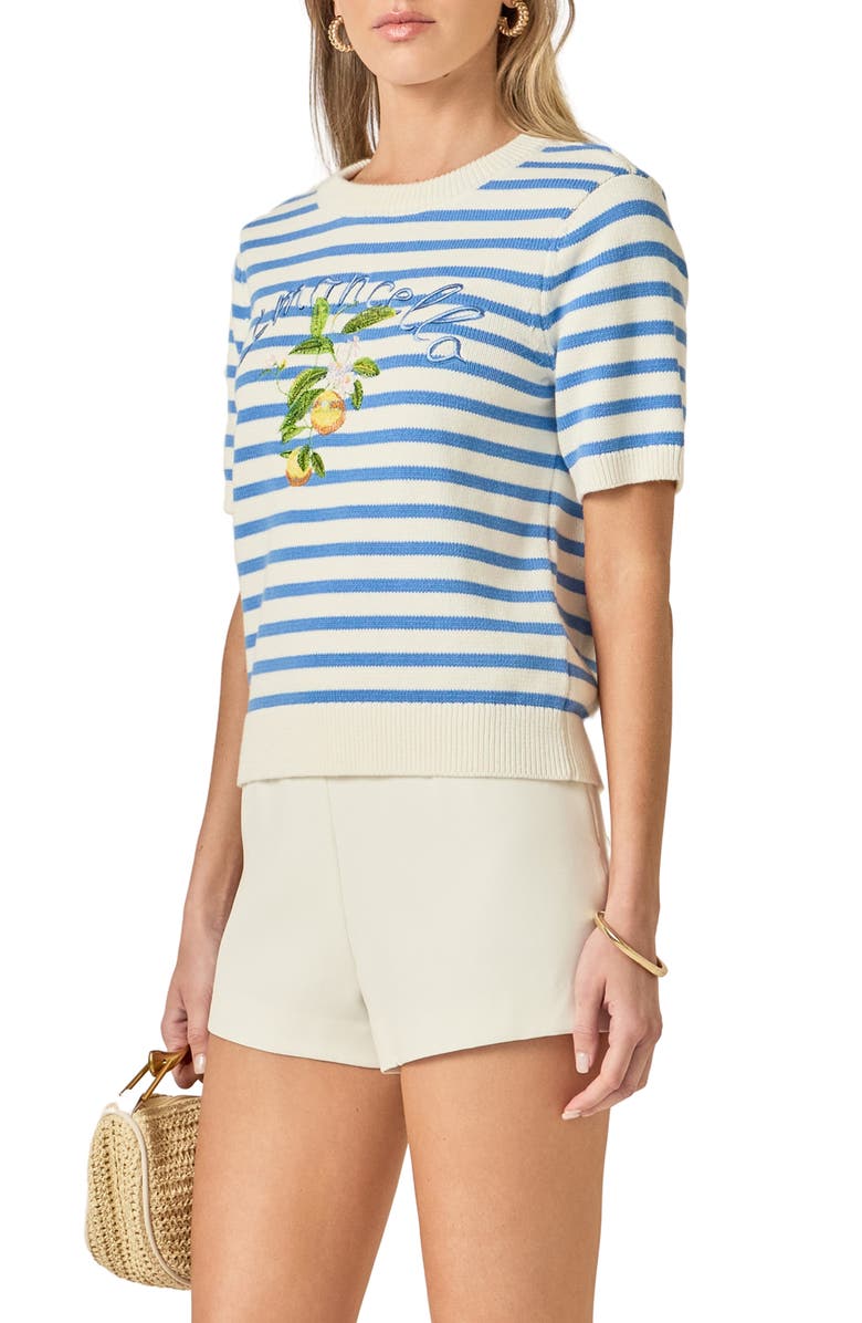 English Factory Lemoncello Stripe Short Sleeve Cotton Sweater, Alternate, color, White/ Blue