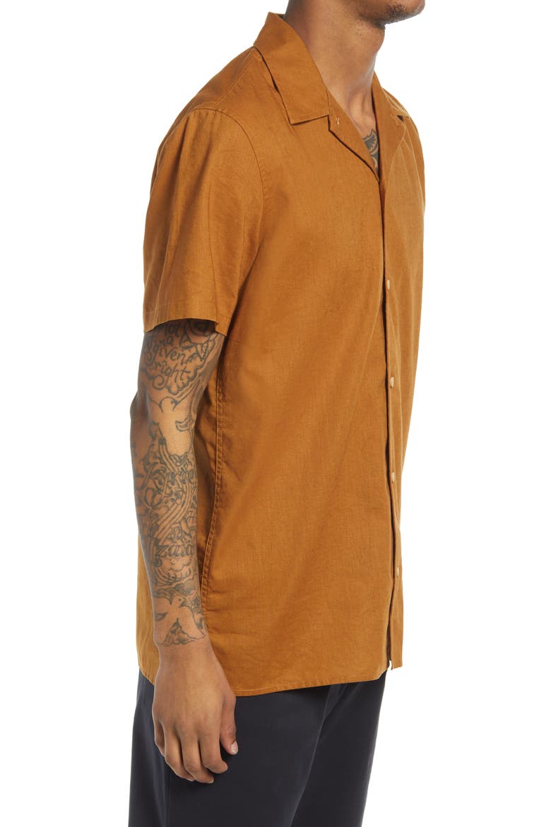 Short Sleeve Linen & Cotton Button-Up Camp Shirt, Alternate, color, BROWN RUBBER