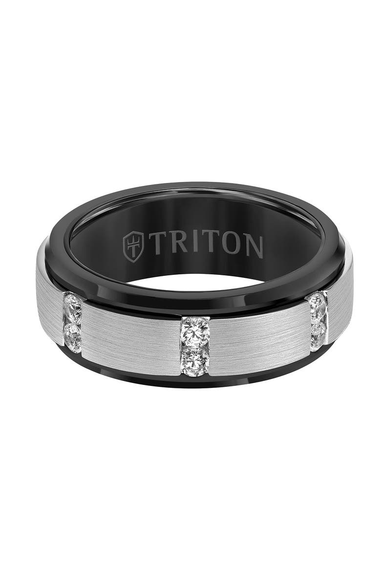 Triton 8MM Tungsten Diamond Ring with Vertical Channel Set Silver Satin Finish and Bevel Edge, Alternate, color, Metallic Silver
