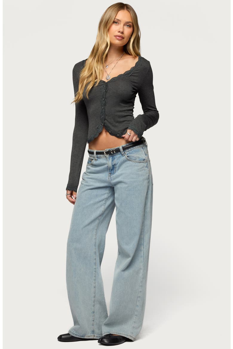 Gayle Lace Trim Button-Up Crop Top, Alternate, color, DARK-GRAY
