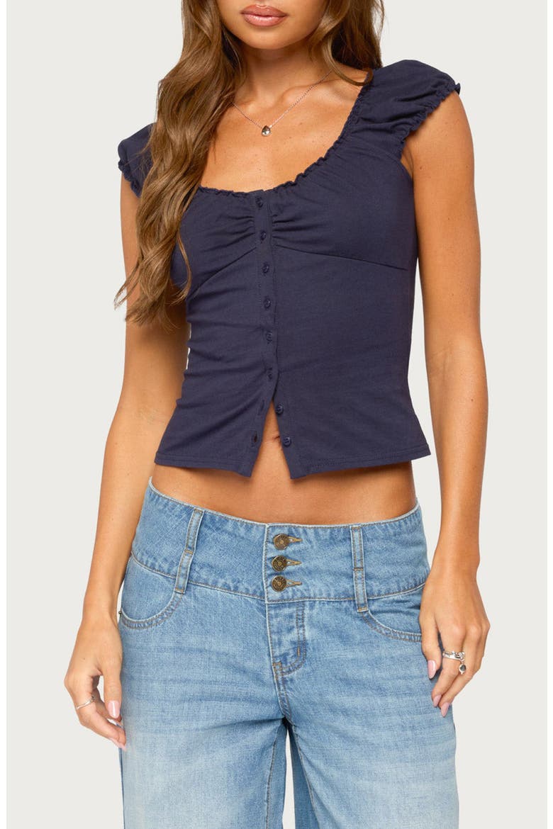 Mazzy Ruched Button Up Top, Main, color, NAVY