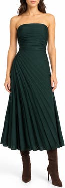 Nicole Miller Pleated Satin Strapless Midi Dress
