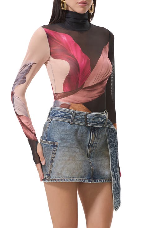 Zadie Print Turtleneck Mesh Top