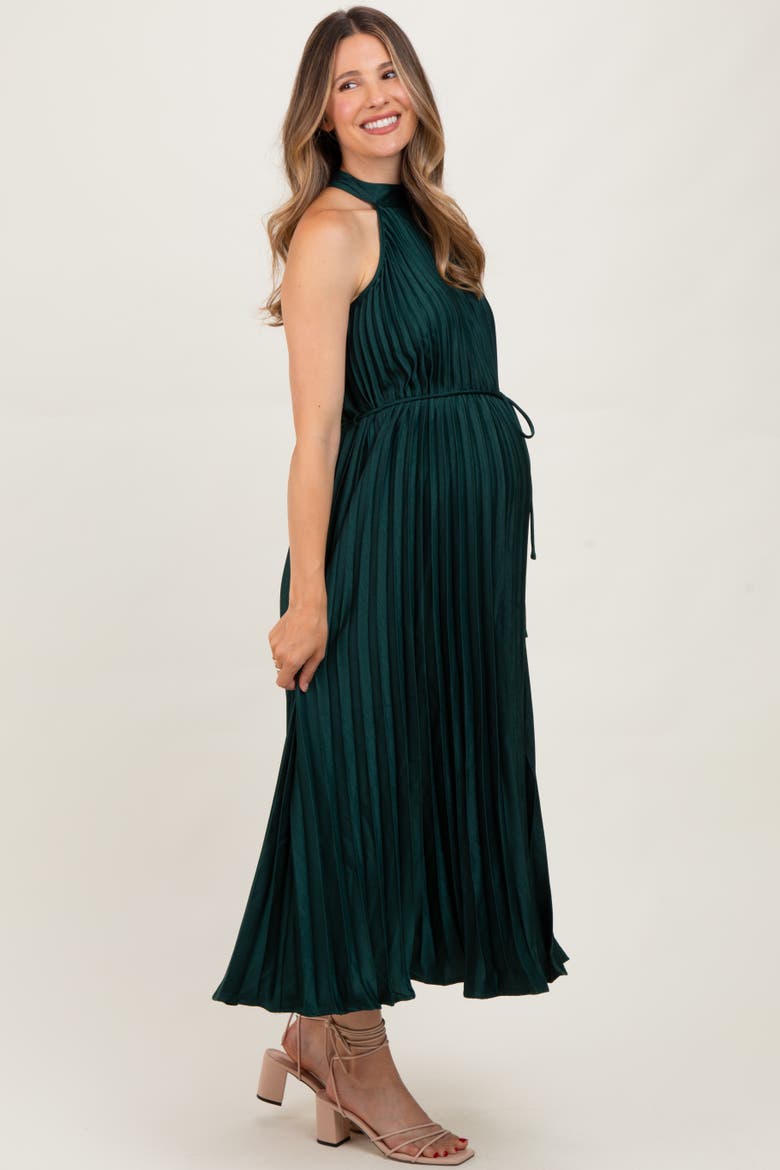 Pleated Halter Dress, Alternate, color, Forest Green
