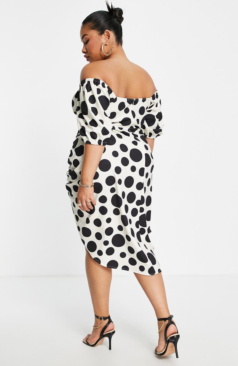 ASOS DESIGN Curve Polka Dot Ruched Off the Shoulder Dress, Alternate, color, 