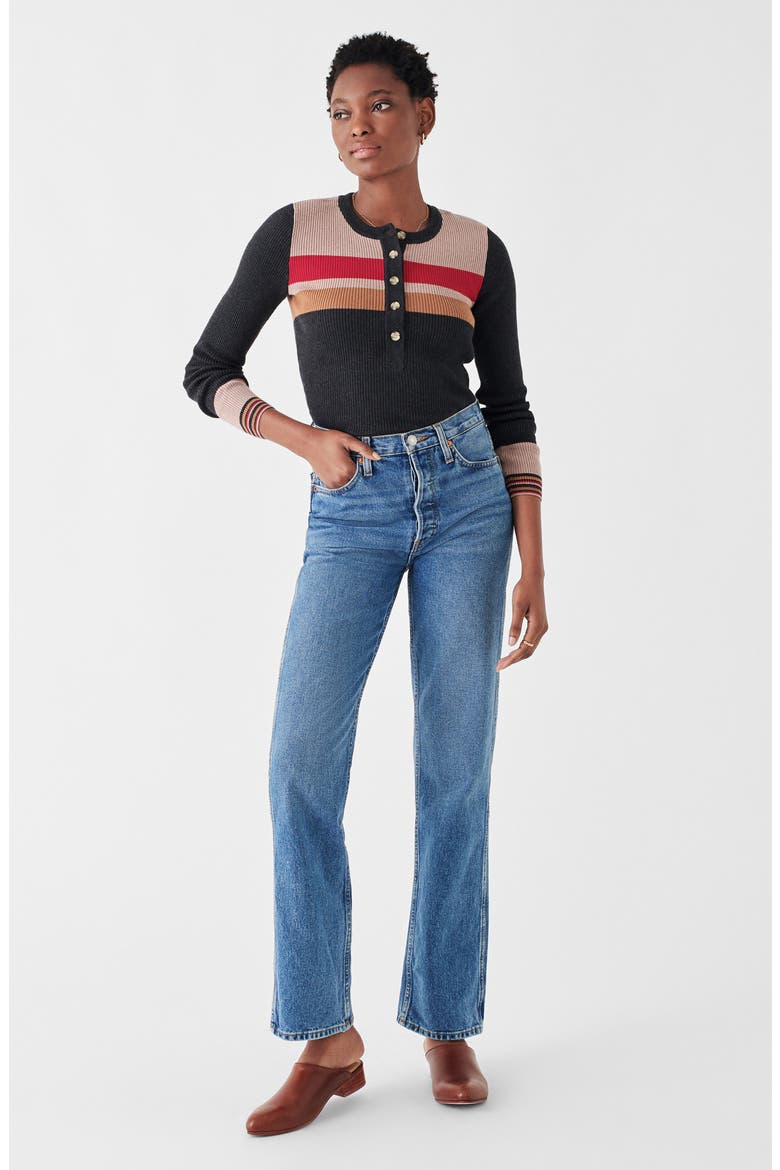 Mikki Organic Cotton & Cashmere Henley Sweater, Alternate, color, THROWBACK STRIPE