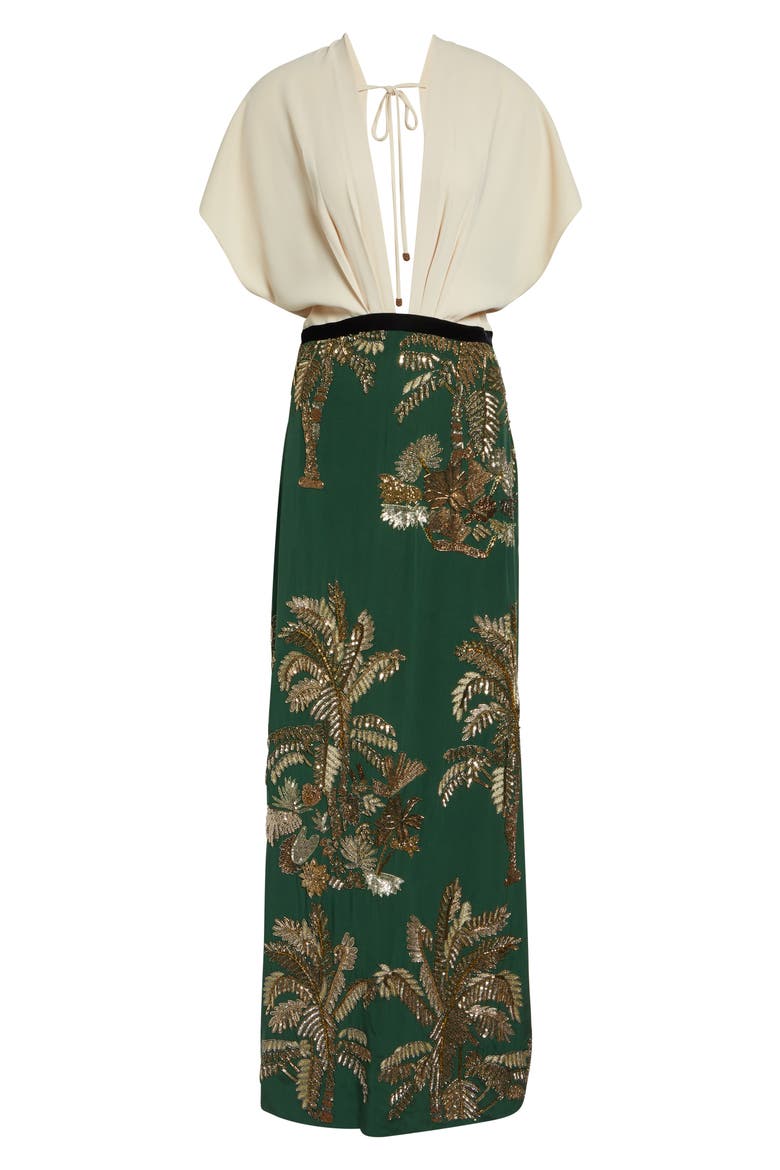 Night Steps Plunge Neck Silk Blend Maxi Dress, Alternate, color, ECRU / GREEN