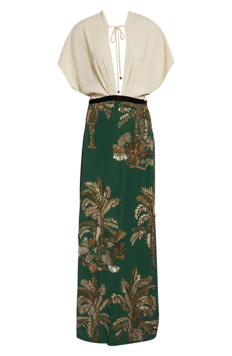 Johanna Ortiz Night Steps Plunge Neck Silk Blend Maxi Dress, Main, color, Ecru / Green