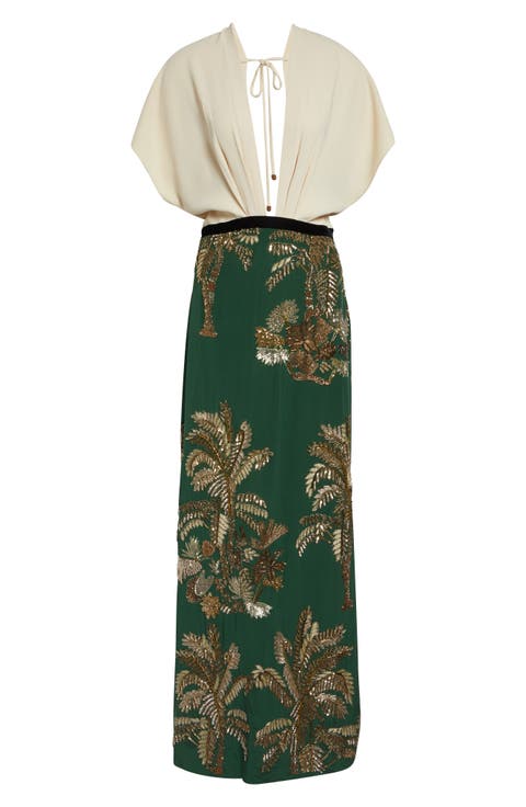 Night Steps Plunge Neck Silk Blend Maxi Dress