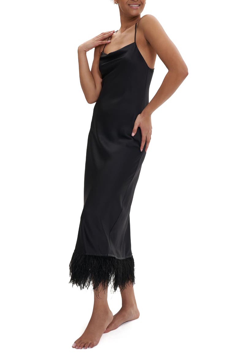 Swan Ostrich Feather Trim Charmeuse Nightgown, Main, color, BLACK