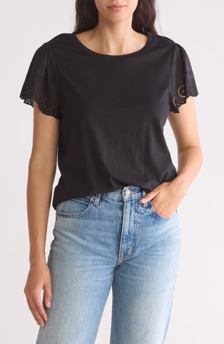 C & C California Margot Mixed Media Eyelet Sleeve T-Shirt, Main, color, 