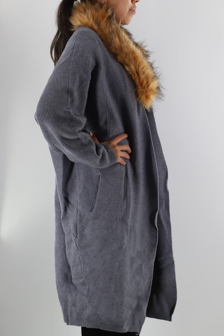 Knit Cardigan with Faux Fur Collar, Alternate, color, Grey