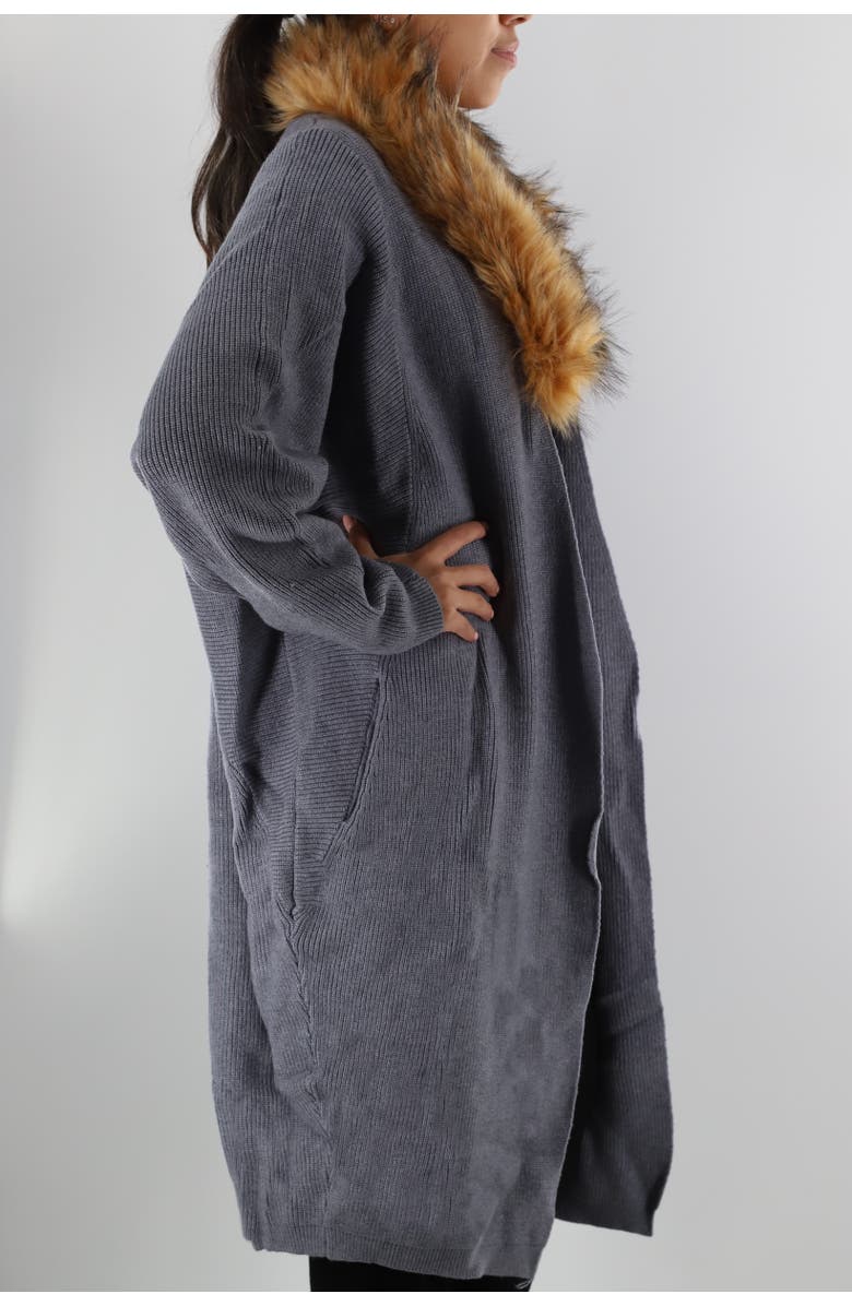La Fiorentina Knit Cardigan with Faux Fur Collar, Alternate, color, Grey