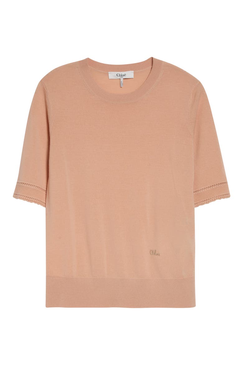 Lace Trim Short Sleeve Wool Sweater, Main, color, TENDER PEACH