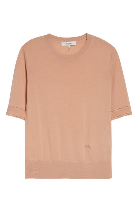 Lace Trim Short Sleeve Wool Sweater