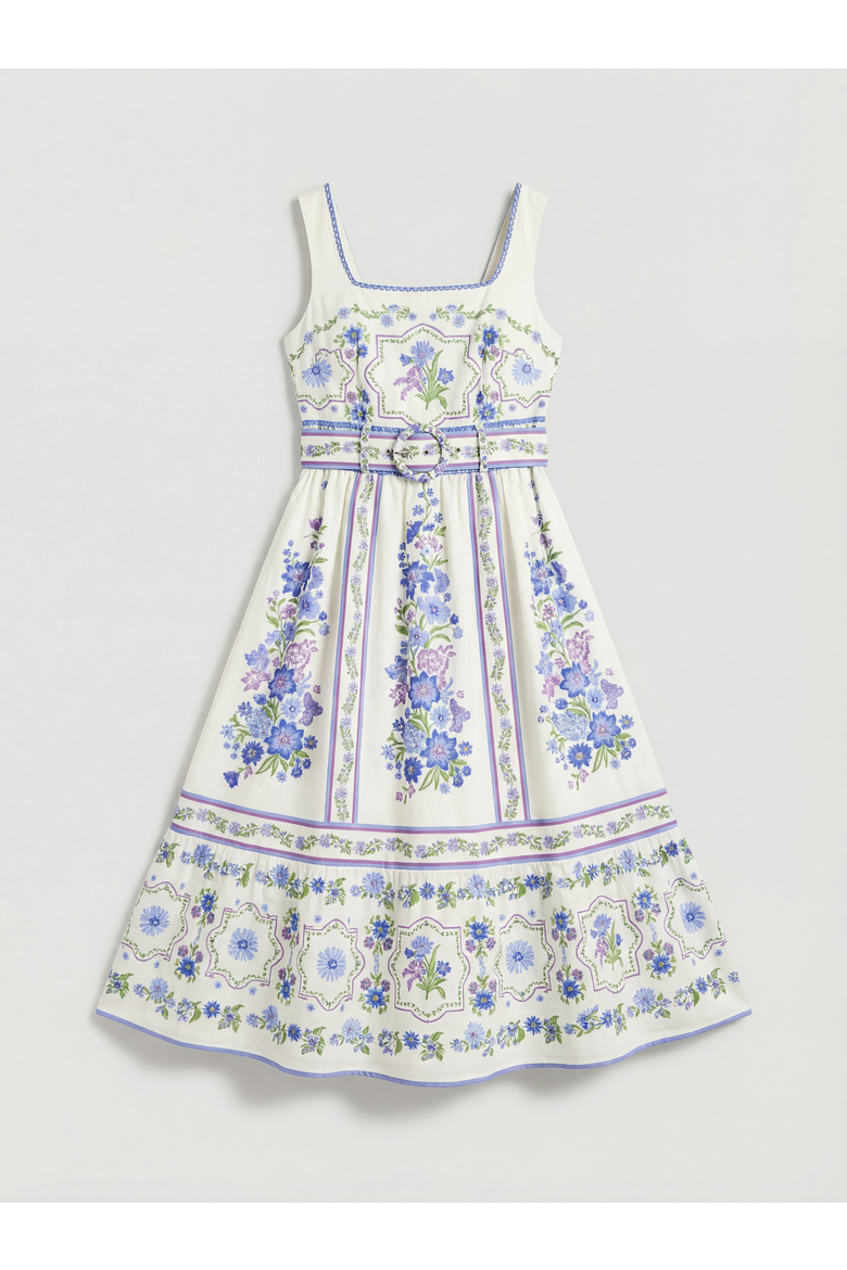 Print Full Skirted Cotton Midi Dress, Alternate, color, Ivory