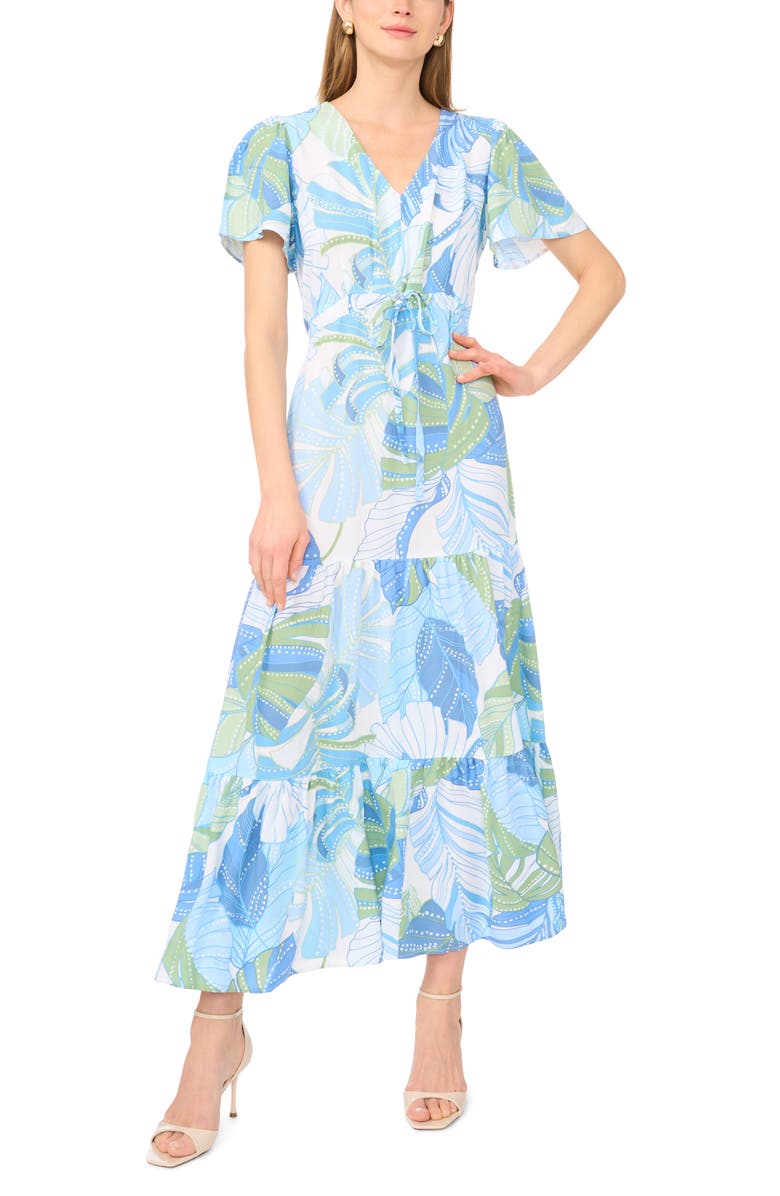 Vince Camuto Print Flutter Sleeve Tiered Maxi Dress, Main, color, Mint