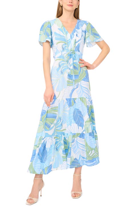 Print Flutter Sleeve Tiered Maxi Dress